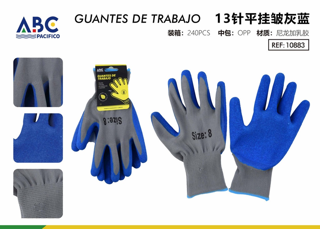 Guantes de trabajo 13 puntos planos arrugados gris azul