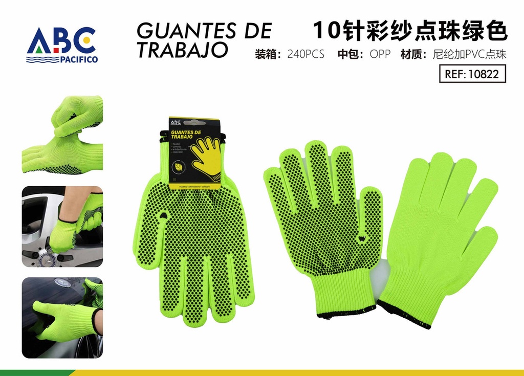 Guantes de trabajo 10 agujas hilo de color perlas verde