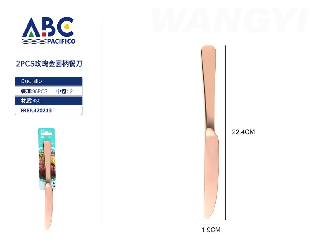 Cuchillo de cena de mango redondo color oro rosa, set de 2 piezas