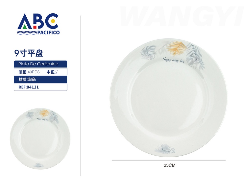 [04111] Plato blanco de cerámica en color blanco diseño happy every day 9"