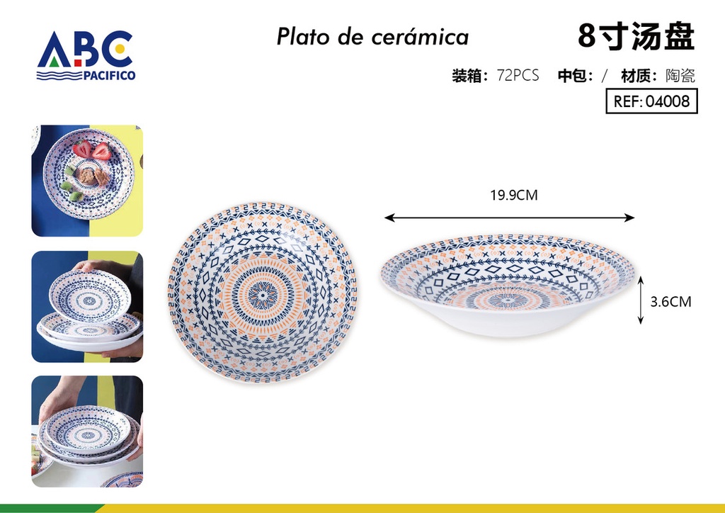 Plato de cerámica para sopa de 8"
