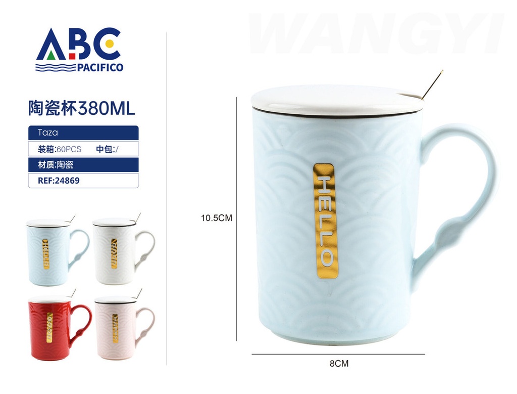 Taza de cerámica con diseño, tapa y cuchara  380ml