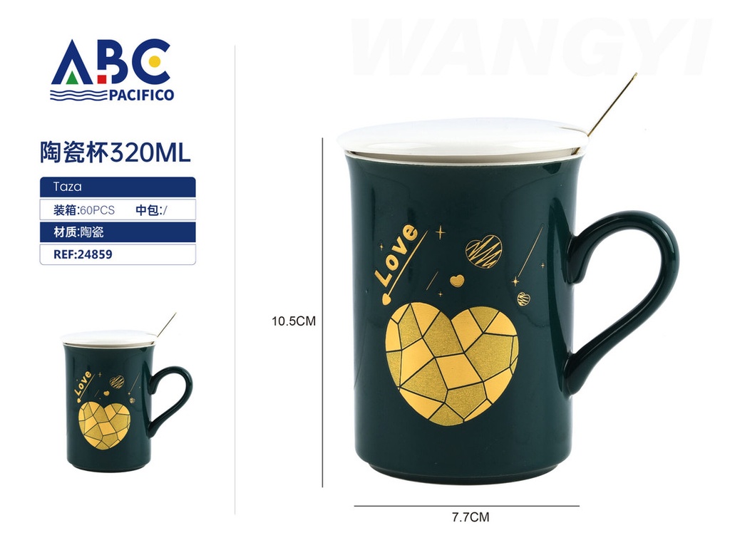 Taza de cerámica con diseño, tapa y cuchara 7.5*10.5cm 