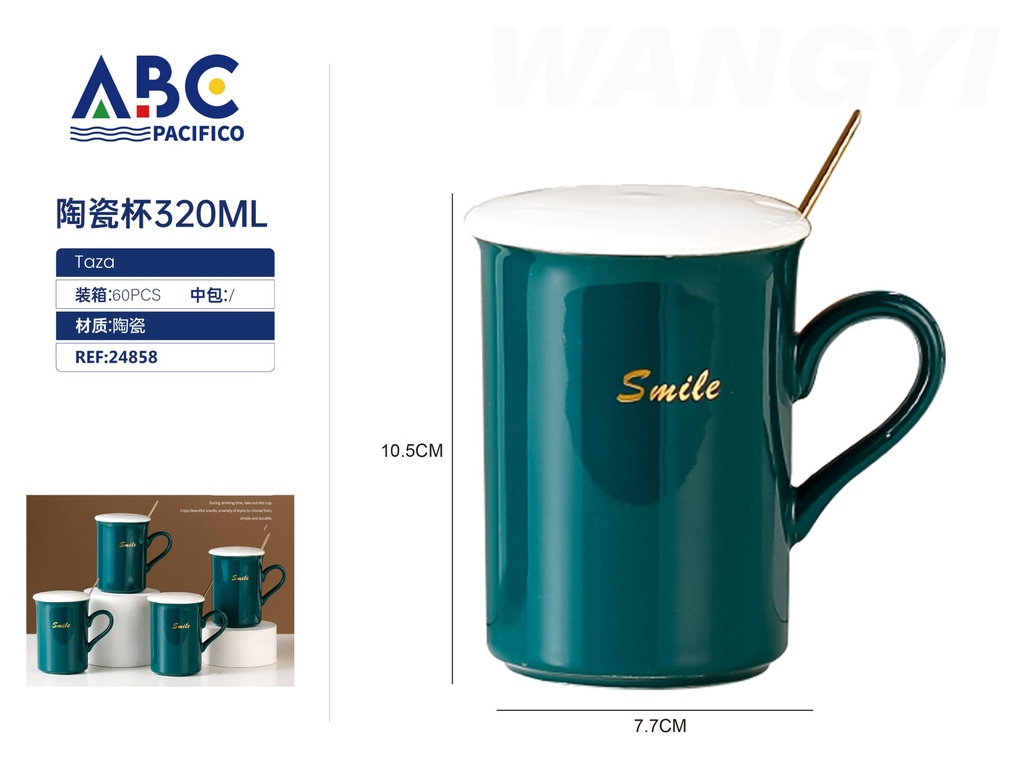 Taza de cerámica con diseño, tapa y cuchara  320ml
