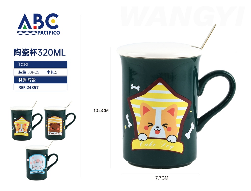 Taza de cerámica con diseño, tapa y cuchara  320ml
