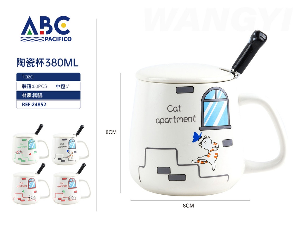 Taza de cerámica con diseño, tapa y cuchara  380ml