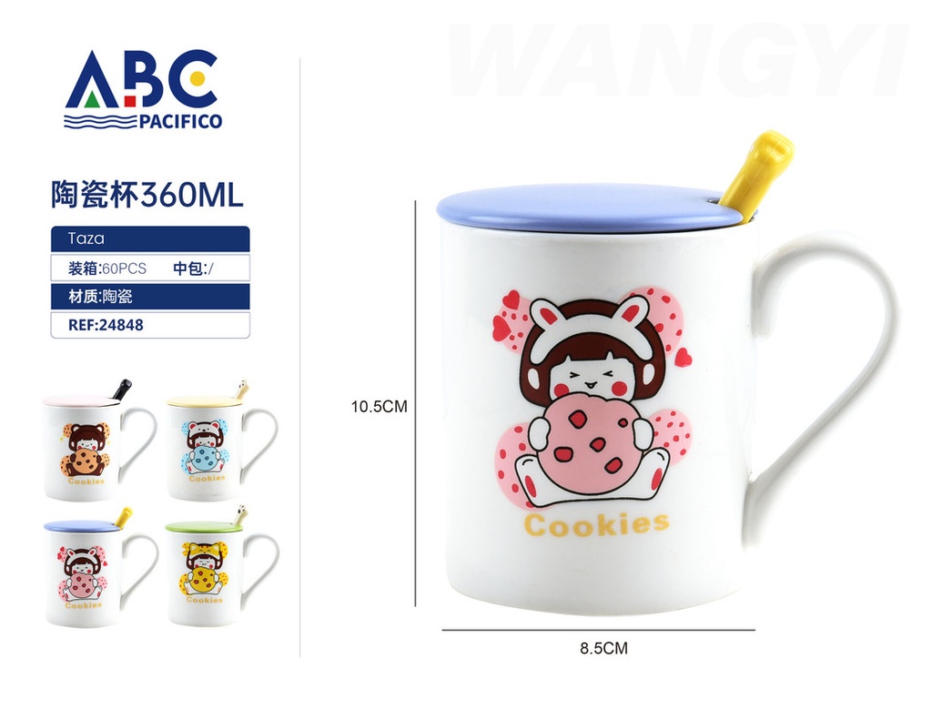Taza de cerámica con diseño, tapa y cuchara  360ml