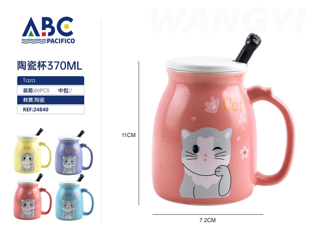 Taza de cerámica con diseño, tapa y cuchara  370ml