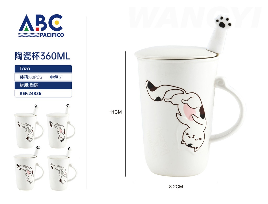 Taza de cerámica con diseño, tapa y cuchara  360ml