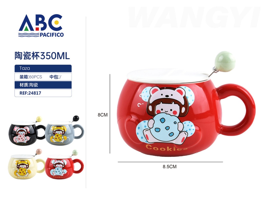 Taza de cerámica con diseño, tapa y cuchara 350ml