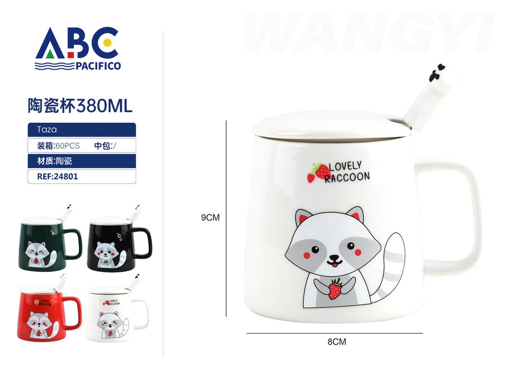 Taza de cerámica con diseño, tapa y cuchara 380ml