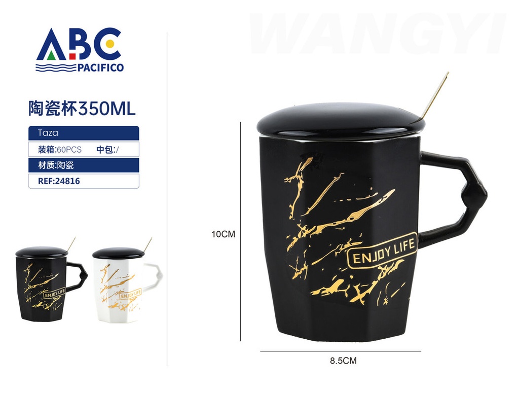 Taza de cerámica con diseño, tapa y cuchara 350ml