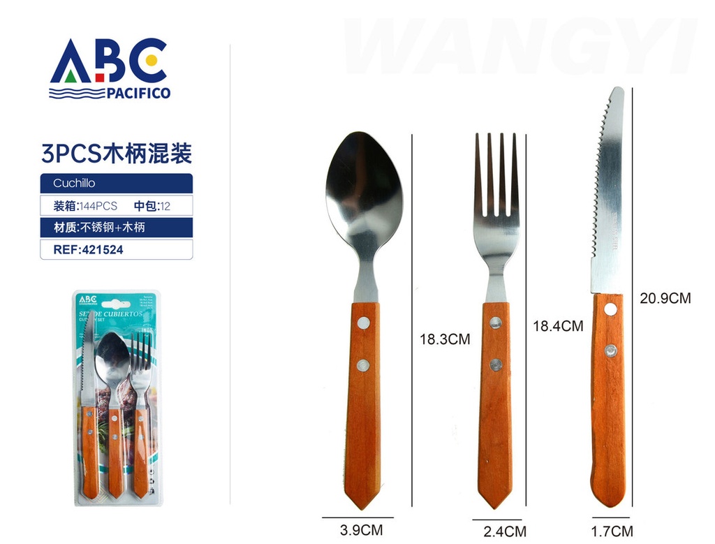 Set de cubiertos con mango de madera 3 piezas
