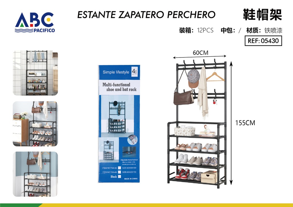 Rack multiusos con 8 ganchos dobles y 4 niveles