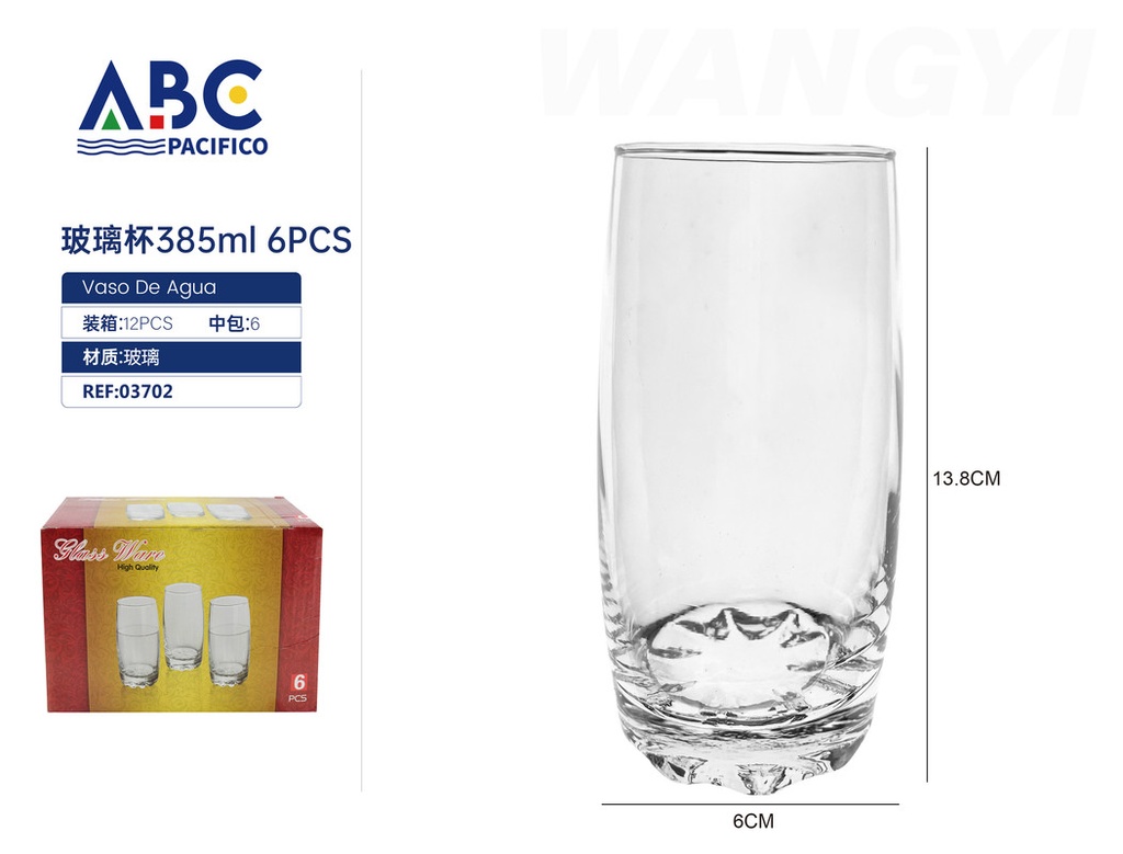 Juego de vasos de vidrio 385 ml 6pzs
