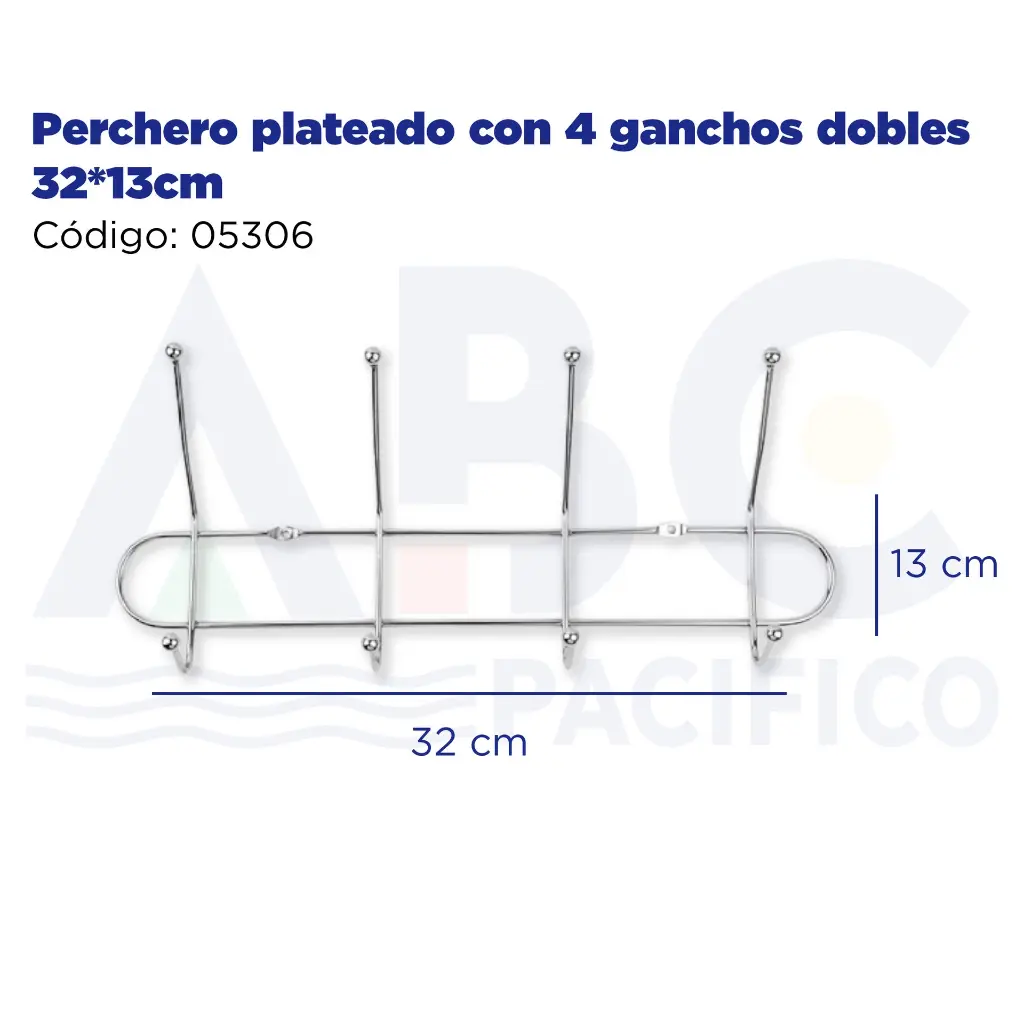 Perchero plateado con 4 ganchos dobles 32*13cm