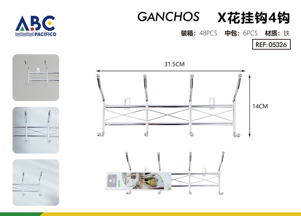 Percha con 4 ganchos dobles en color plata galvanizada