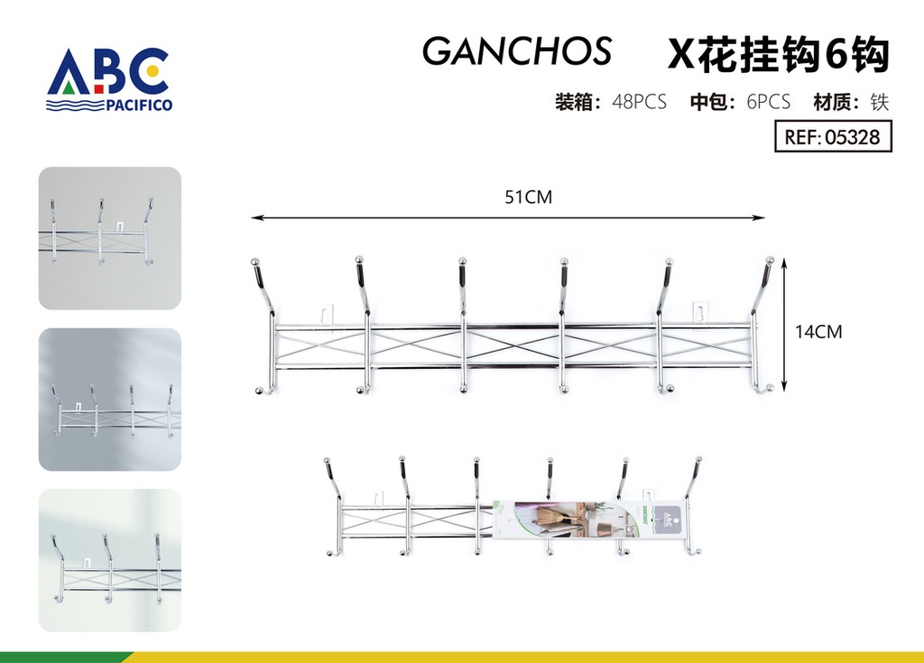 Percha con 6 ganchos dobles en color plata galvanizada