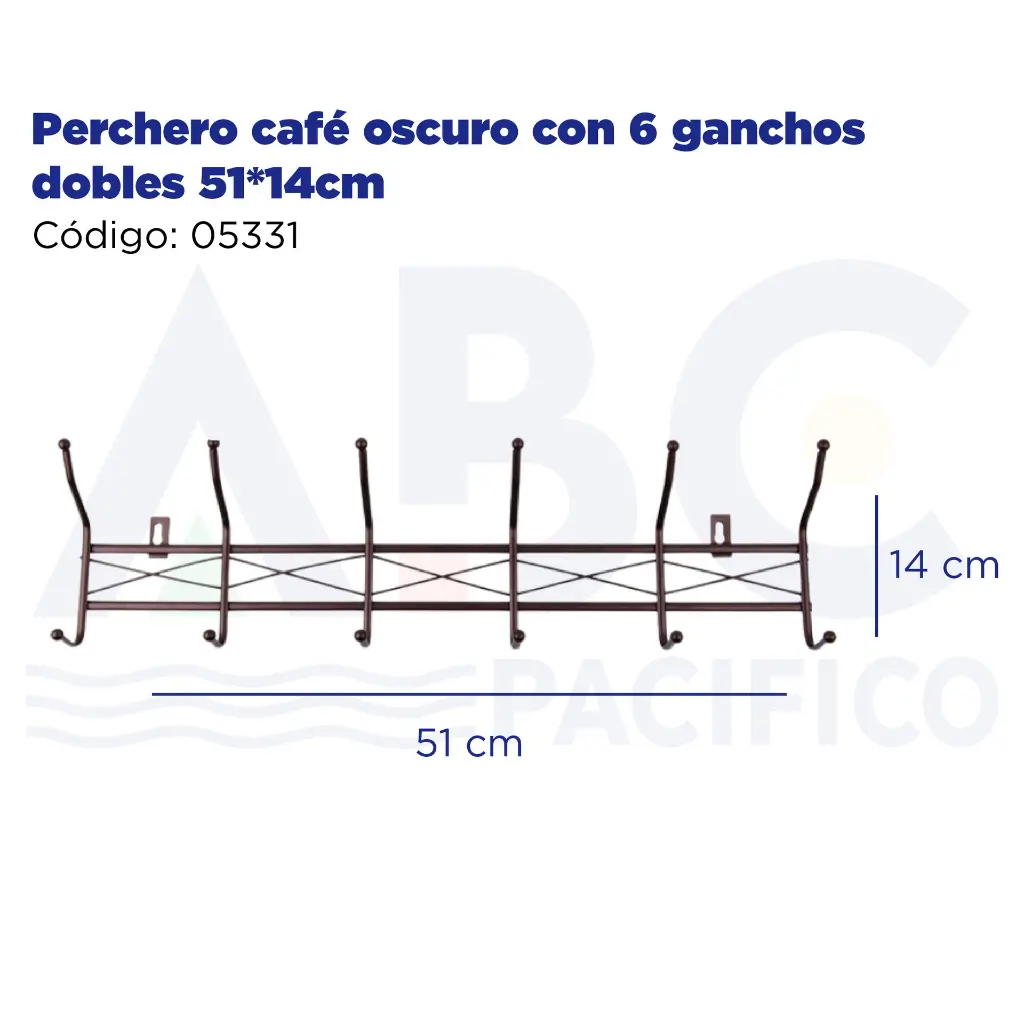 Perchero café oscuro con 6 ganchos dobles 51*14cm