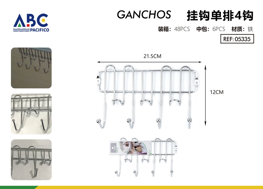 Percha de 4 ganchos en una fila plata galvanizada