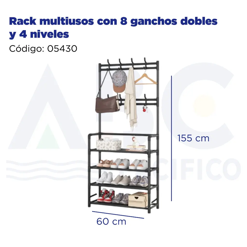Rack multiusos con 8 ganchos dobles y 4 niveles
