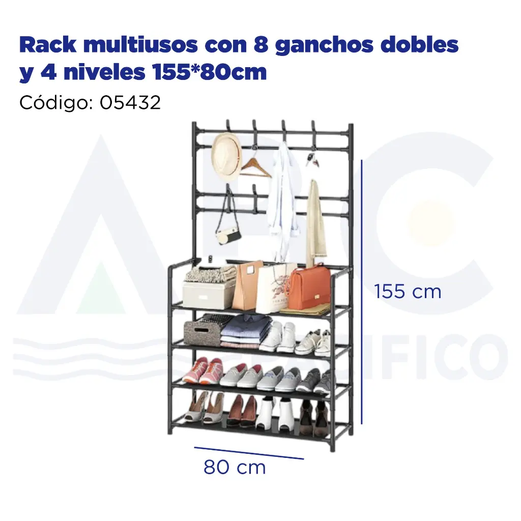 Rack multiusos con 8 ganchos dobles y 4 niveles 155*80cm