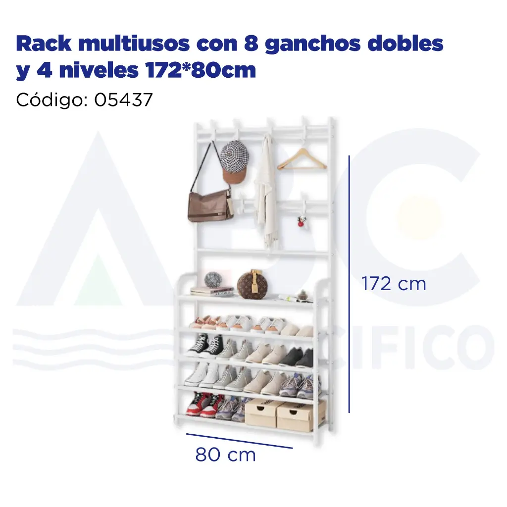 Rack multiusos con 8 ganchos dobles y 4 niveles 172*80cm