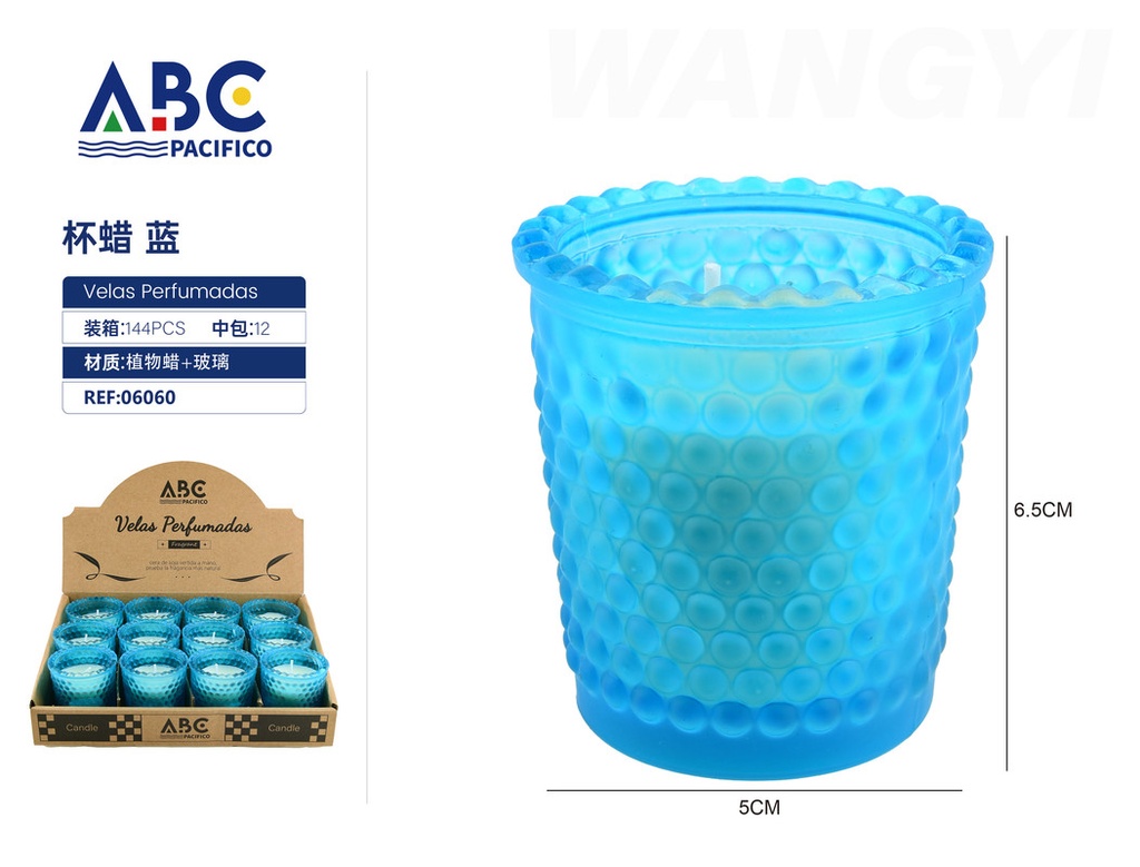Vela de cera con aroma vaso en relieve color azul