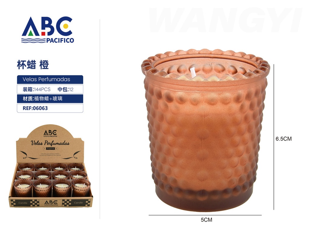 Vela de cera con aroma vaso en relieve color naranja