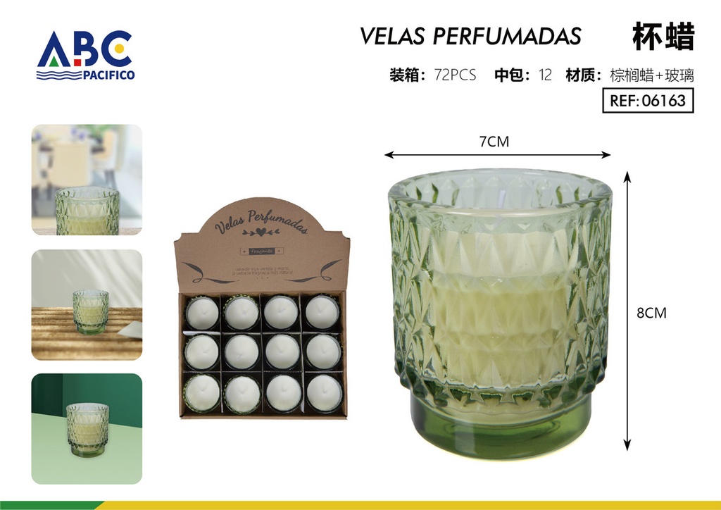 Vela de cera perfumada en vaso con relieve color verde