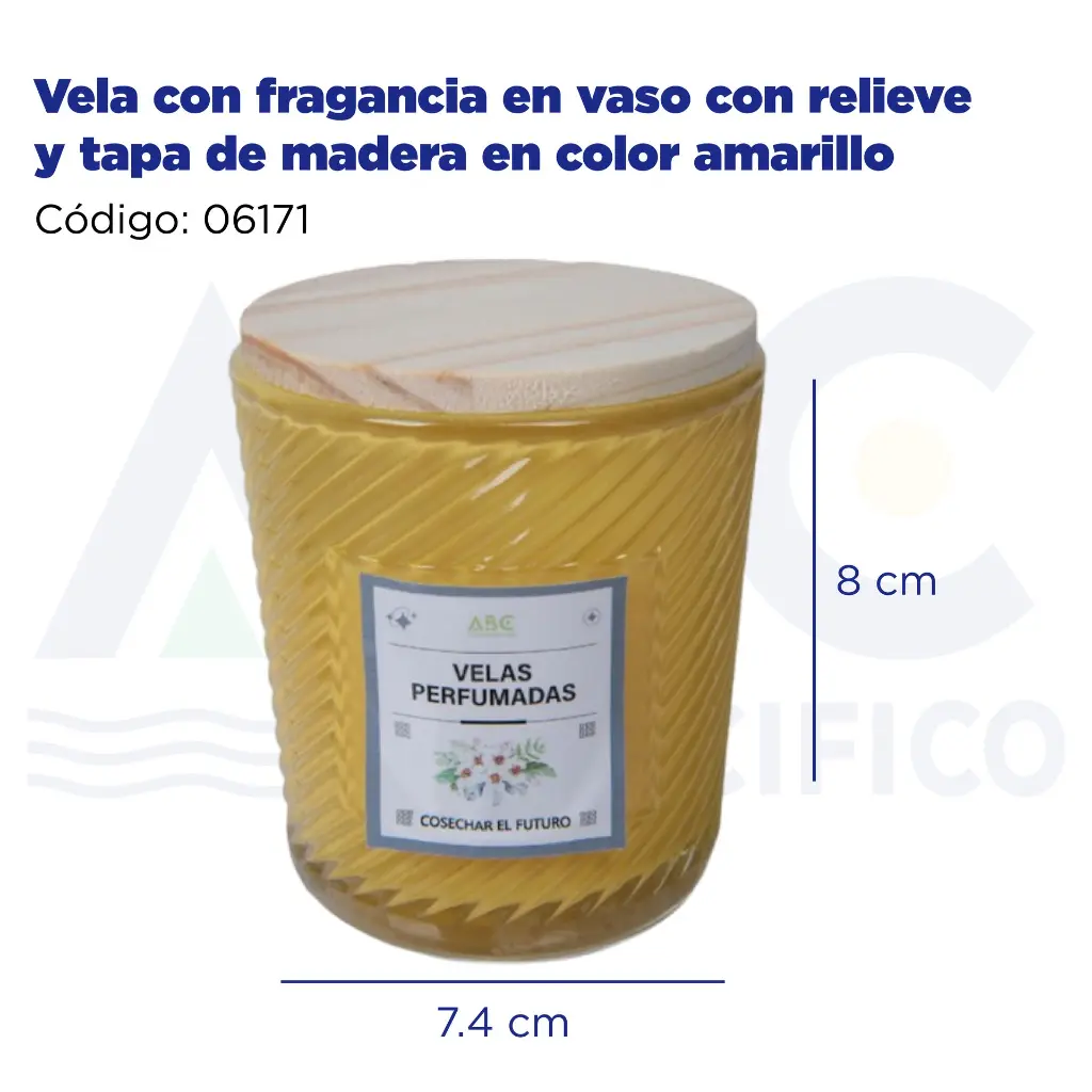 Vela con fragancia en vaso con relieve y tapa de madera en color amarillo
