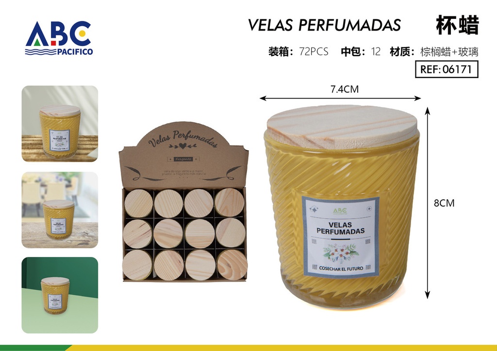 Vela con fragancia en vaso con relieve y tapa de madera en color amarillo