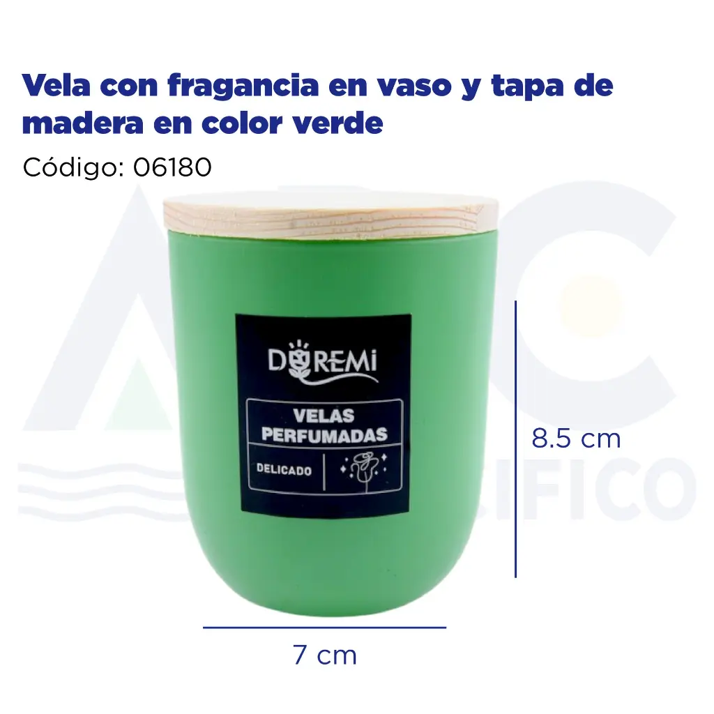 [06180] Vela con fragancia en vaso y tapa de madera en color verde