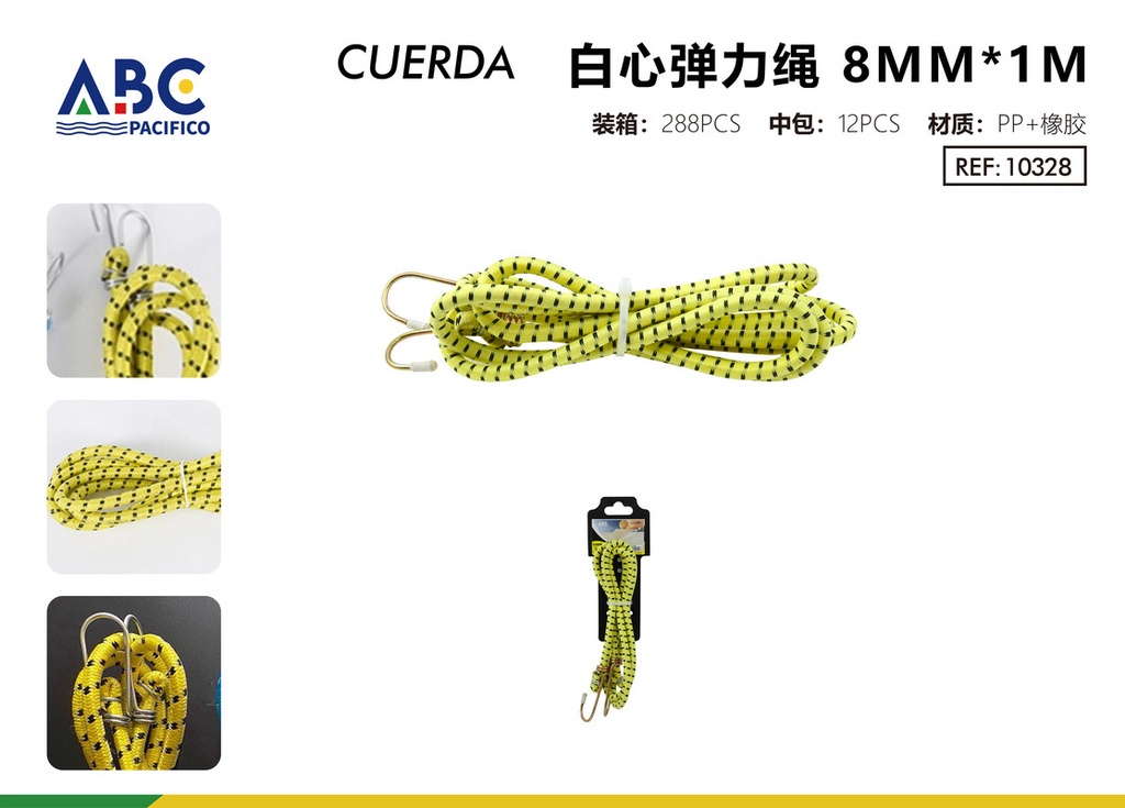 Cuerda amarilla elástica de centro blanco con ganchos de sujeción 8mm*1m