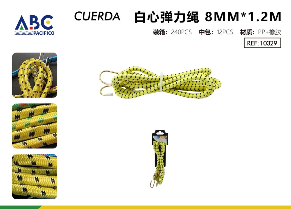 Cuerda amarilla elástica de centro blanco con ganchos de sujeción 8mm*1.2m