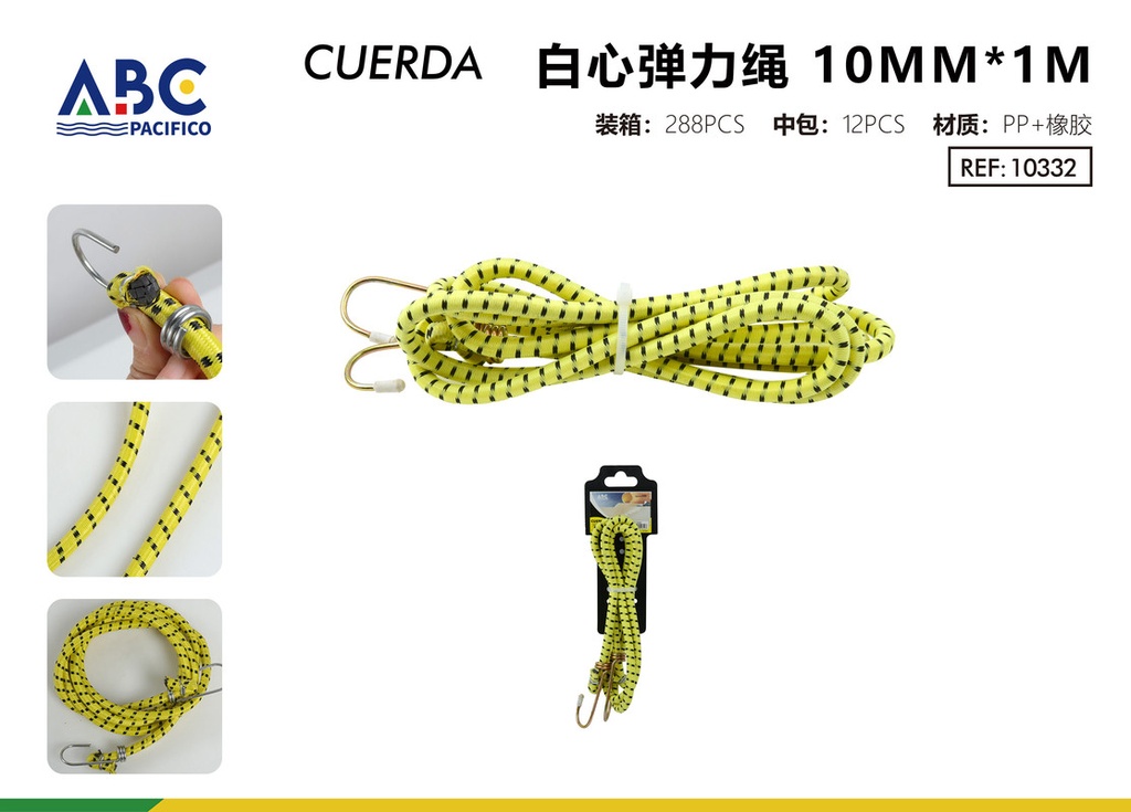 Cuerda amarilla elástica de centro blanco con ganchos de sujeción 10mm*1m