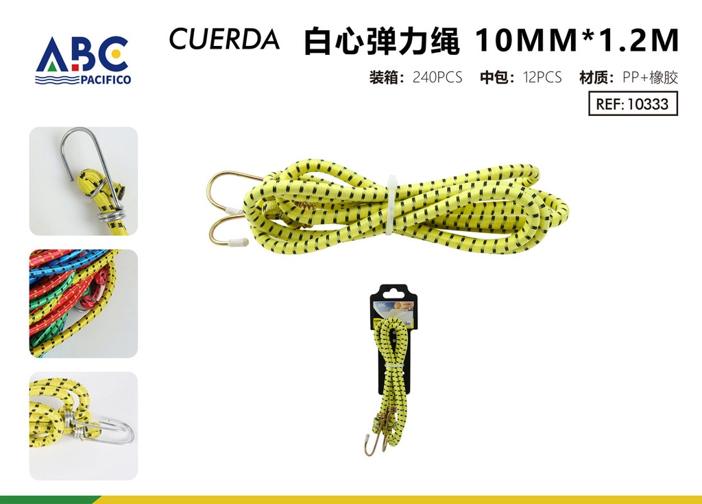 Cuerda amarilla elástica de centro blanco con ganchos de sujeción 10mm*1.2m