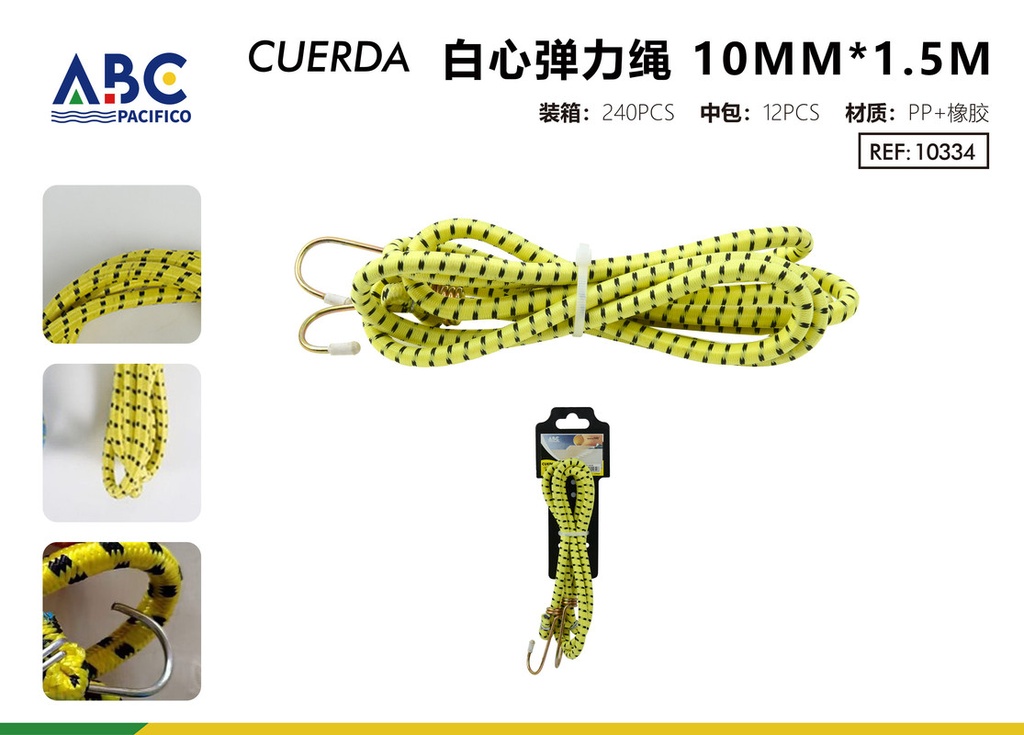 Cuerda amarilla elástica de centro blanco con ganchos de sujeción 10mm*1.5m