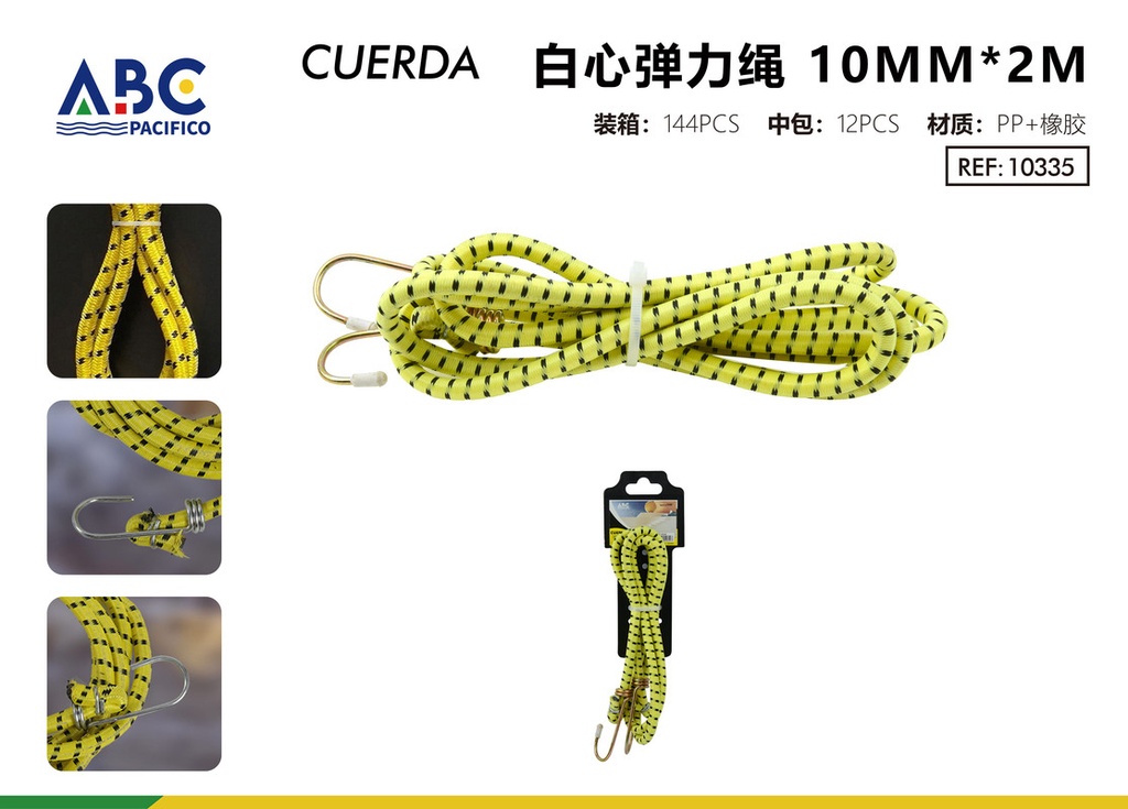 Cuerda amarilla elástica de centro blanco con ganchos de sujeción 10mm*2m