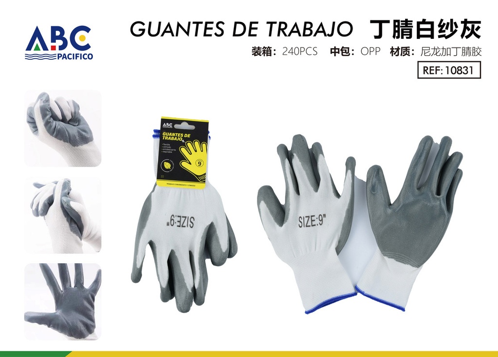 Guantes de trabajo nitrilo blanco gasa gris