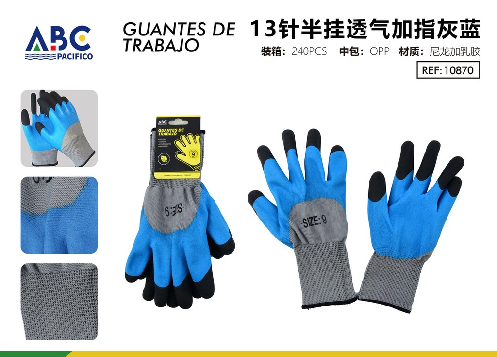Guantes de trabajo de 13 puntadas semicolgados transpirables más dedo gris azul