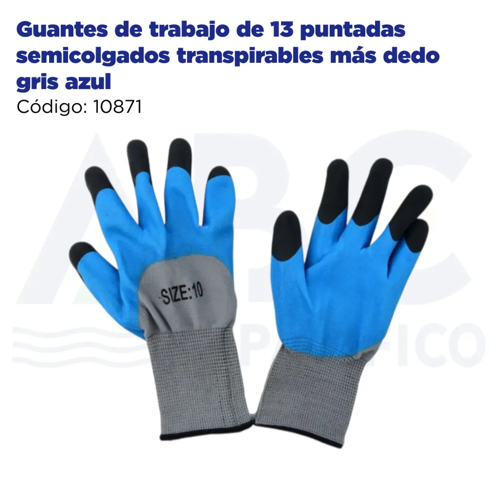 Guantes de trabajo de 13 puntadas semicolgados transpirables más dedo gris azul