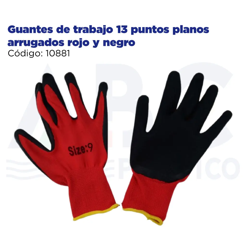 Guantes de trabajo 13 puntos planos arrugados rojo y negro