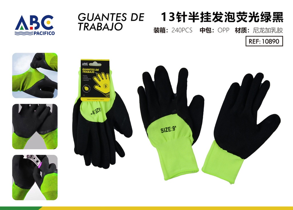 Guantes de trabajo de 13 puntadas de espuma semicolgante verde fluorescente negro