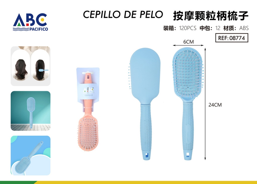 Cepillo cuadrado puntas redondas con air bag y cerdas plásticas con mango antiderrapante en 2 colores 24*6cm
