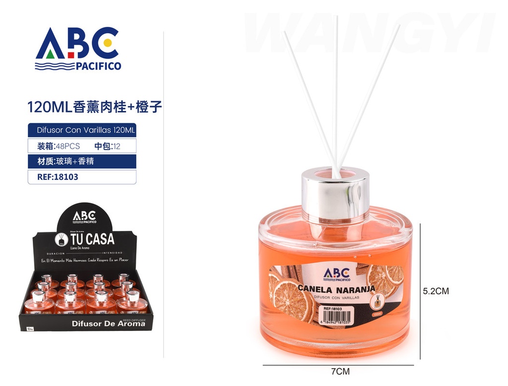 Difusor de aroma con 3 varillas, aroma Canela-Naranja 120ml