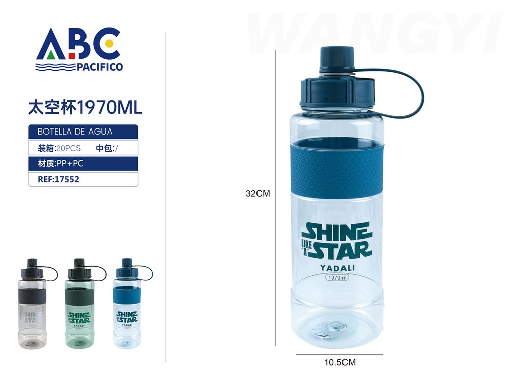 Botella deportiva para agua, plástico transparente, con sujetador