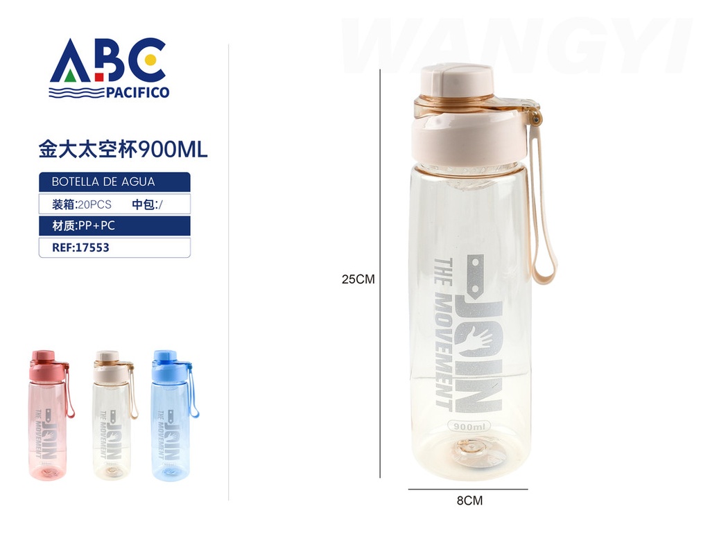 Botella deportiva para agua, plástico transparente, con correa sujetadora
