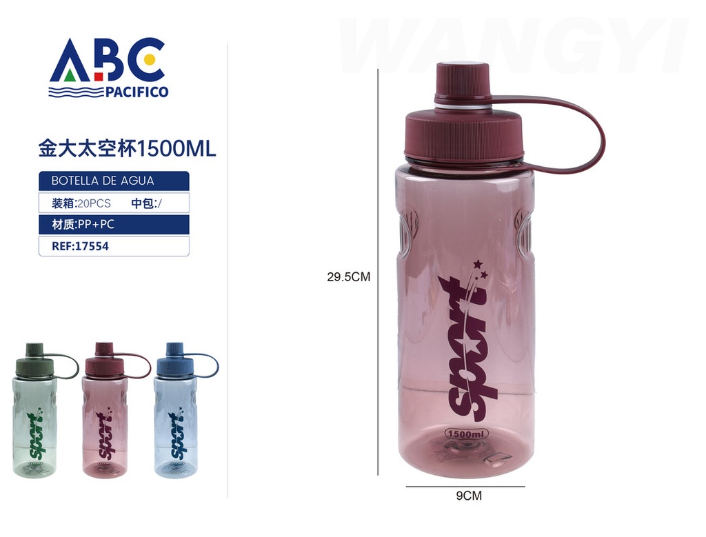 Botella deportiva para agua, plástico transparente, taparrosca con sujetador
