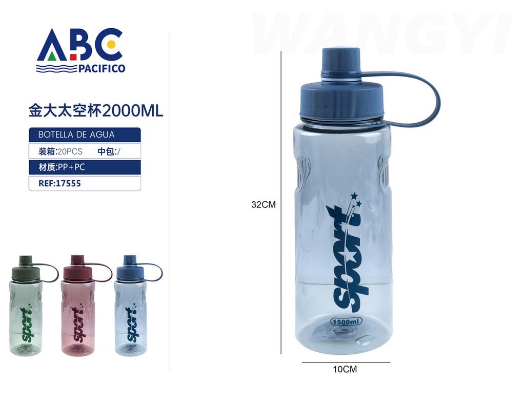 Botella deportiva para agua, plástico transparente, taparrosca con sujetador